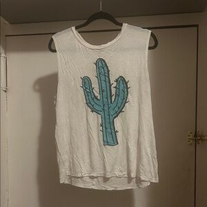 Tres Bien White Tee with Blue Cactus Design